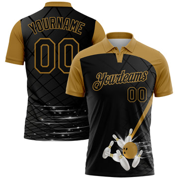 Custom Black Old Gold 3D Pattern Design Bowling Performance Polo Shirt