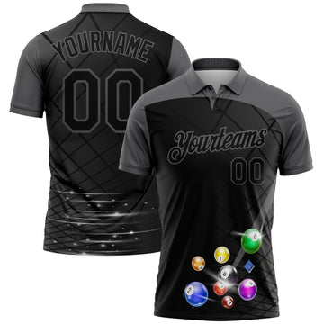 Custom Black Gray 3D Pattern Design Billiards Performance Polo Shirt