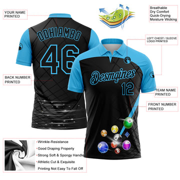 Custom Black Sky Blue 3D Pattern Design Billiards Performance Polo Shirt