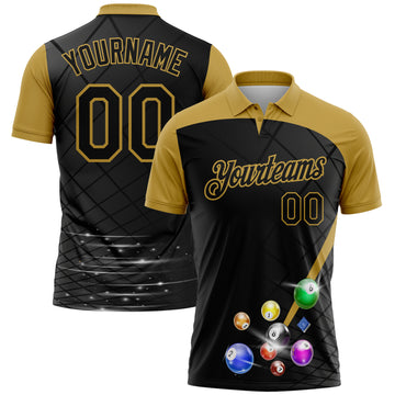 Custom Black Old Gold 3D Pattern Design Billiards Performance Polo Shirt