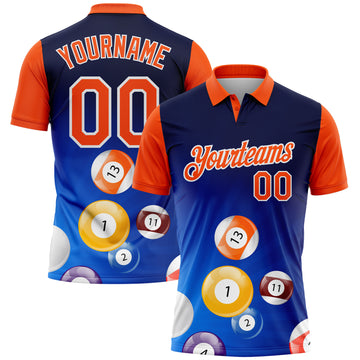 Custom Royal Orange-White 3D Pattern Design Billiards Performance Polo Shirt