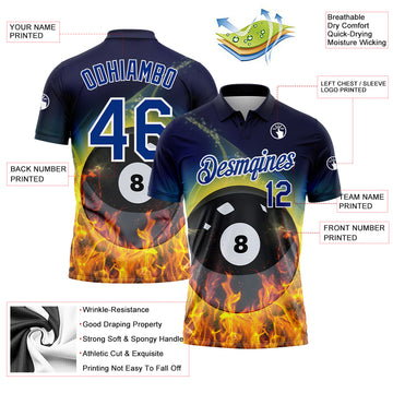 Custom Royal White 3D Pattern Design Flame Billiards 8 Ball Performance Polo Shirt