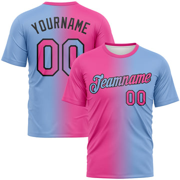 Custom Light Blue Pink-Black Gradient Fashion Performance T-Shirt