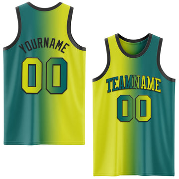 Custom Teal Neon Yellow-Black Authentic Gradient Fashion Basketball Jersey