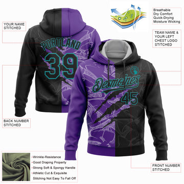 Custom Stitched Graffiti Pattern Black Purple-Teal 3D Scratch Sports Pullover Sweatshirt Hoodie