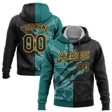 Custom Stitched Graffiti Pattern Black Teal-Gold 3D Scratch Sports Pullover Sweatshirt Hoodie