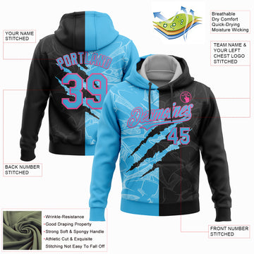 Custom Stitched Graffiti Pattern Black Sky Blue-Pink 3D Scratch Sports Pullover Sweatshirt Hoodie