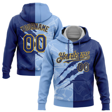 Custom Stitched Graffiti Pattern Royal Light Blue-Gold 3D Scratch Sports Pullover Sweatshirt Hoodie