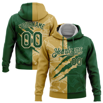 Custom Stitched Graffiti Pattern Green Old Gold-Cream 3D Scratch Sports Pullover Sweatshirt Hoodie