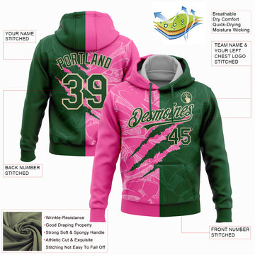 Custom Stitched Graffiti Pattern Green Pink-Cream 3D Scratch Sports Pullover Sweatshirt Hoodie