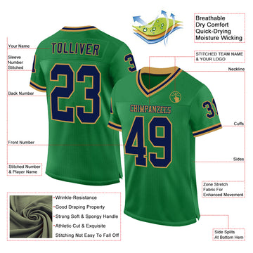 Custom Grass Green Navy-Old Gold Mesh Authentic Throwback Football Jersey