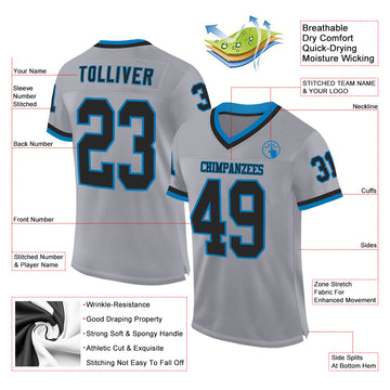 Custom Gray Black-Blue Mesh Authentic Throwback Football Jersey