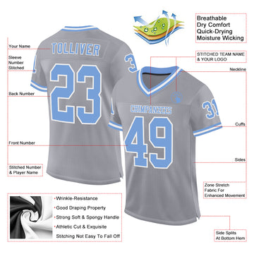 Custom Gray Light Blue-White Mesh Authentic Throwback Football Jersey