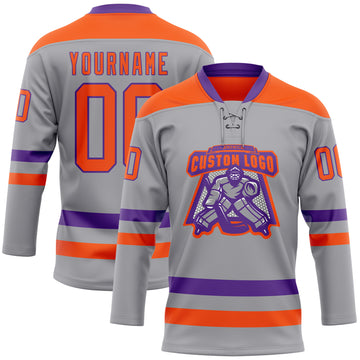 Custom Gray Orange-Purple Hockey Lace Neck Jersey