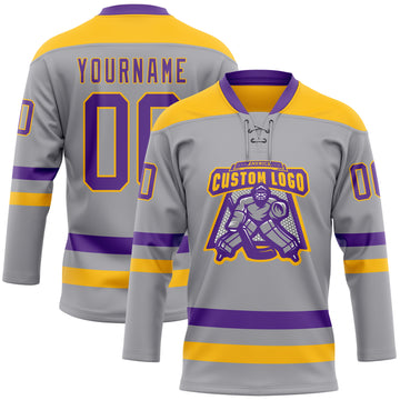 Custom Gray Purple-Gold Hockey Lace Neck Jersey