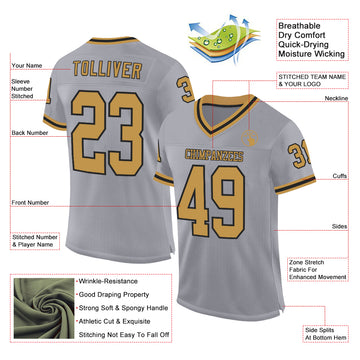 Custom Gray Old Gold-Black Mesh Authentic Throwback Football Jersey