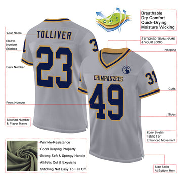 Custom Gray Navy-Old Gold Mesh Authentic Throwback Football Jersey