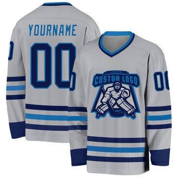 Custom Gray Navy-Blue Hockey Jersey