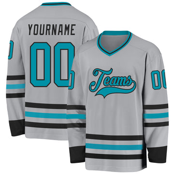 Custom Gray Teal-Black Hockey Jersey