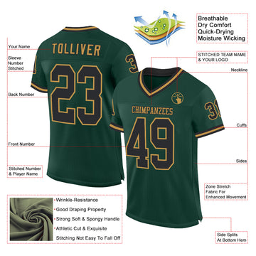 Custom Green Black-Old Gold Mesh Authentic Throwback Football Jersey