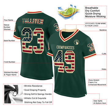 Custom Green Vintage USA Flag Cream-Red Mesh Authentic Throwback Football Jersey