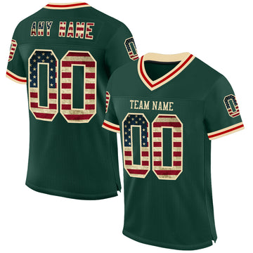 Custom Green Vintage USA Flag Cream-Red Mesh Authentic Throwback Football Jersey