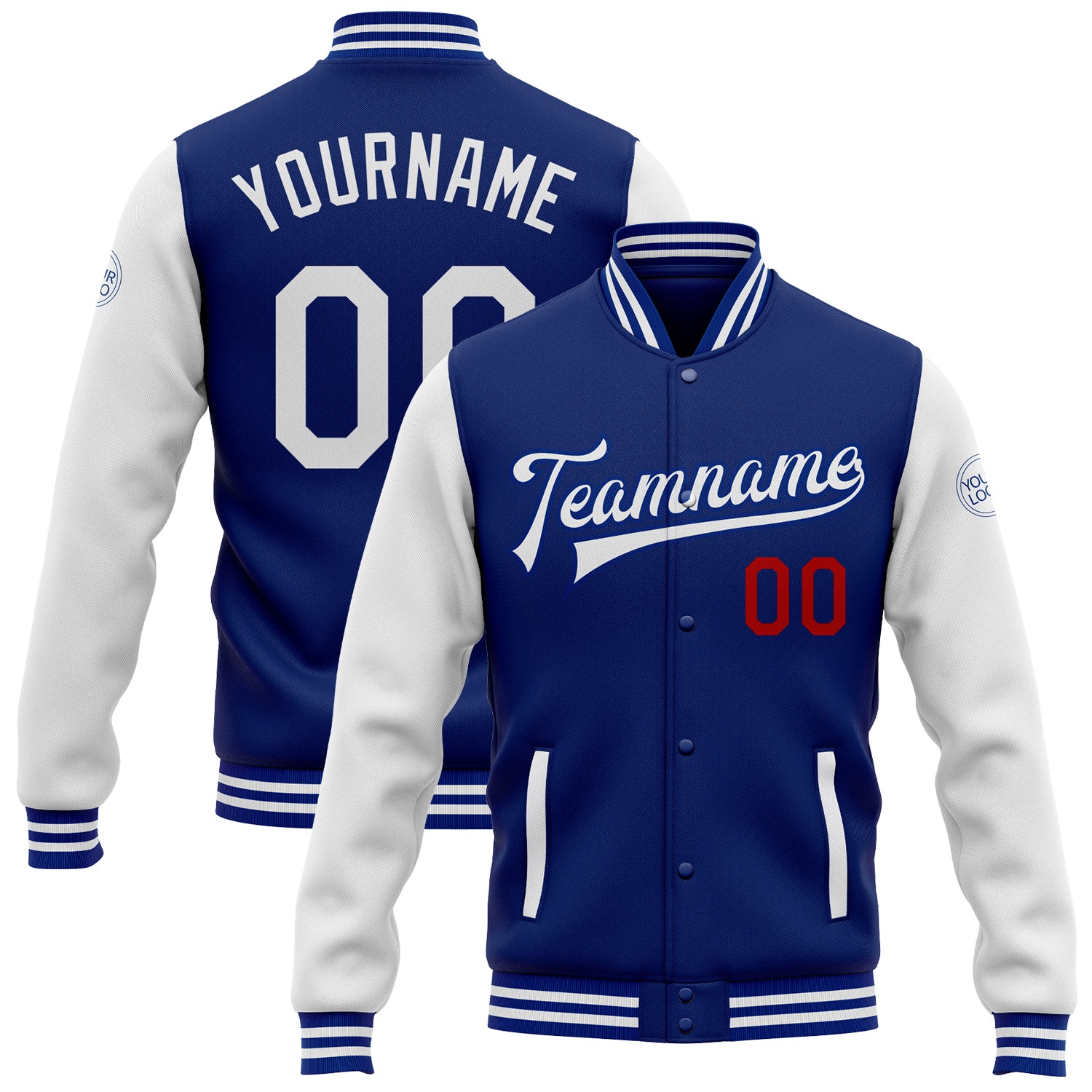 Cheap Custom Light Blue Red-White Bomber Full-Snap Varsity