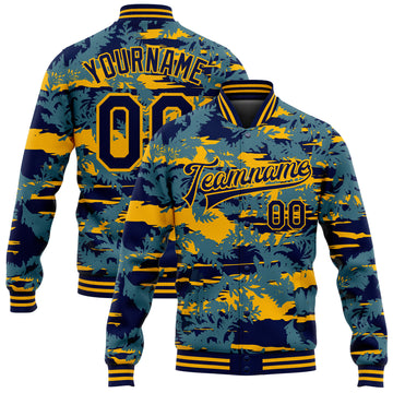 Custom Navy Gold Thuja Branch 3D Pattern Design Bomber Full-Snap Varsity Letterman Jacket