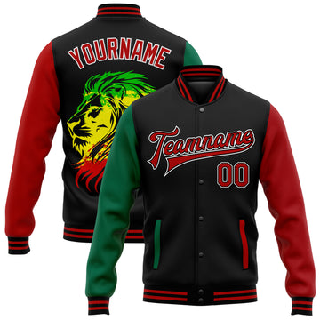 Custom Black Red-Kelly Green Black History Month Lion 3D Pattern Design Bomber Full-Snap Varsity Letterman Jacket