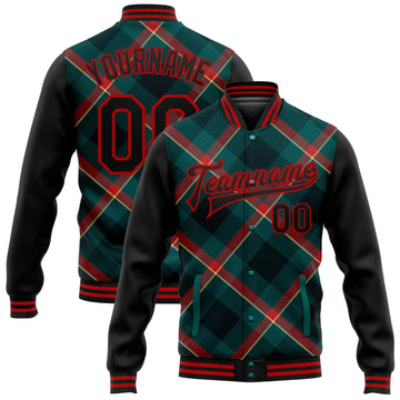 Custom Midnight Green Black-Red Check Board 3D Pattern Design Bomber Full-Snap Varsity Letterman Jacket