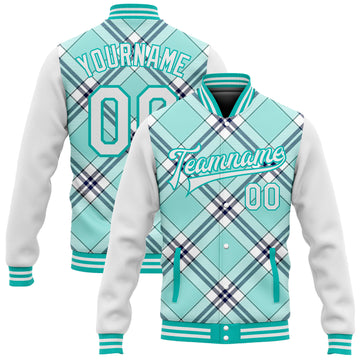 Custom Ice Blue Aqua-Navy Check Board 3D Pattern Design Bomber Full-Snap Varsity Letterman Jacket