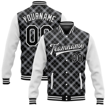 Custom Black White Check Board 3D Pattern Design Bomber Full-Snap Varsity Letterman Jacket