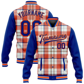 Custom Orange Royal-White Check Board 3D Pattern Design Bomber Full-Snap Varsity Letterman Jacket