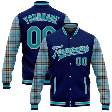 Custom Navy Teal Gray-Shadow Blue Classic Western Plaid 3D Pattern Design Bomber Full-Snap Varsity Letterman Jacket