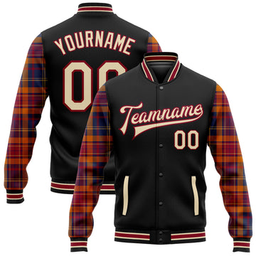 Custom Black Cream Crimson-City Cream Classic Western Plaid 3D Pattern Design Bomber Full-Snap Varsity Letterman Jacket