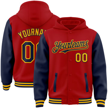 Custom Red Navy-Gold Bomber Full-Snap Varsity Letterman Two Tone Hoodie Jacket