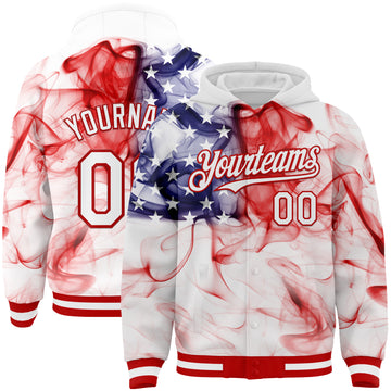 Custom White Red-Royal American Flag Fashion 3D Bomber Full-Snap Varsity Letterman Hoodie Jacket