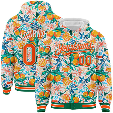 Custom White Orange-Kelly Green Fruit 3D Pattern Design Bomber Full-Snap Varsity Letterman Hoodie Jacket