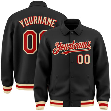 Custom Black Red-Cream Bomber Full-Snap Varsity Letterman Lapel Collar Byron Jacket