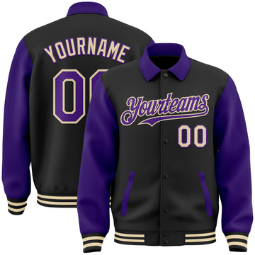 Custom Black Purple-Cream Bomber Full-Snap Varsity Letterman Two Tone Lapel Collar Byron Jacket