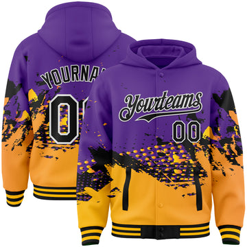 Custom Purple Gold-Black Abstract Splash Grunge Art 3D Pattern Design Bomber Full-Snap Varsity Letterman Hoodie Jacket