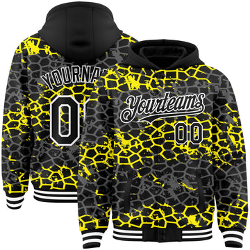 Custom Black Light Yellow-White Abstract Network 3D Pattern Design Bomber Full-Snap Varsity Letterman Hoodie Jacket