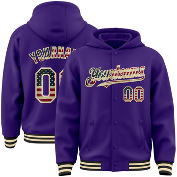 Custom Purple Vintage USA Flag Cream-Black Bomber Full-Snap Varsity Letterman Hoodie Jacket