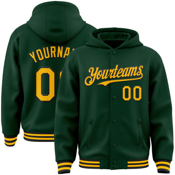 Custom Green Gold-Black Bomber Full-Snap Varsity Letterman Hoodie Jacket