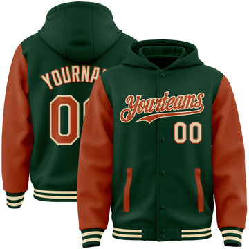 Custom Green Texas Orange-Cream Bomber Full-Snap Varsity Letterman Two Tone Hoodie Jacket