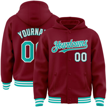 Custom Crimson Aqua-White Bomber Full-Snap Varsity Letterman Hoodie Jacket