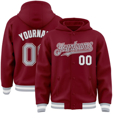 Custom Crimson Gray-White Bomber Full-Snap Varsity Letterman Hoodie Jacket