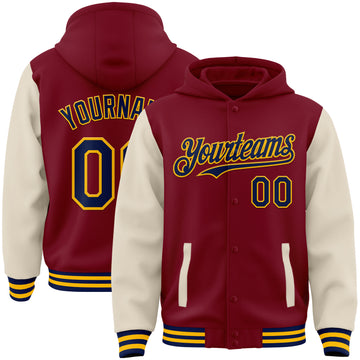 Custom Crimson Navy Cream-Gold Bomber Full-Snap Varsity Letterman Two Tone Hoodie Jacket