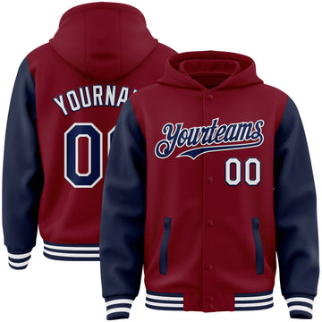 Custom Crimson Navy-White Bomber Full-Snap Varsity Letterman Two Tone Hoodie Jacket