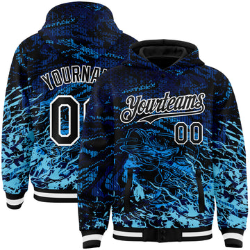 Custom Navy Black-Light Blue Tuna Fish Fishing 3D Bomber Full-Snap Varsity Letterman Hoodie Jacket